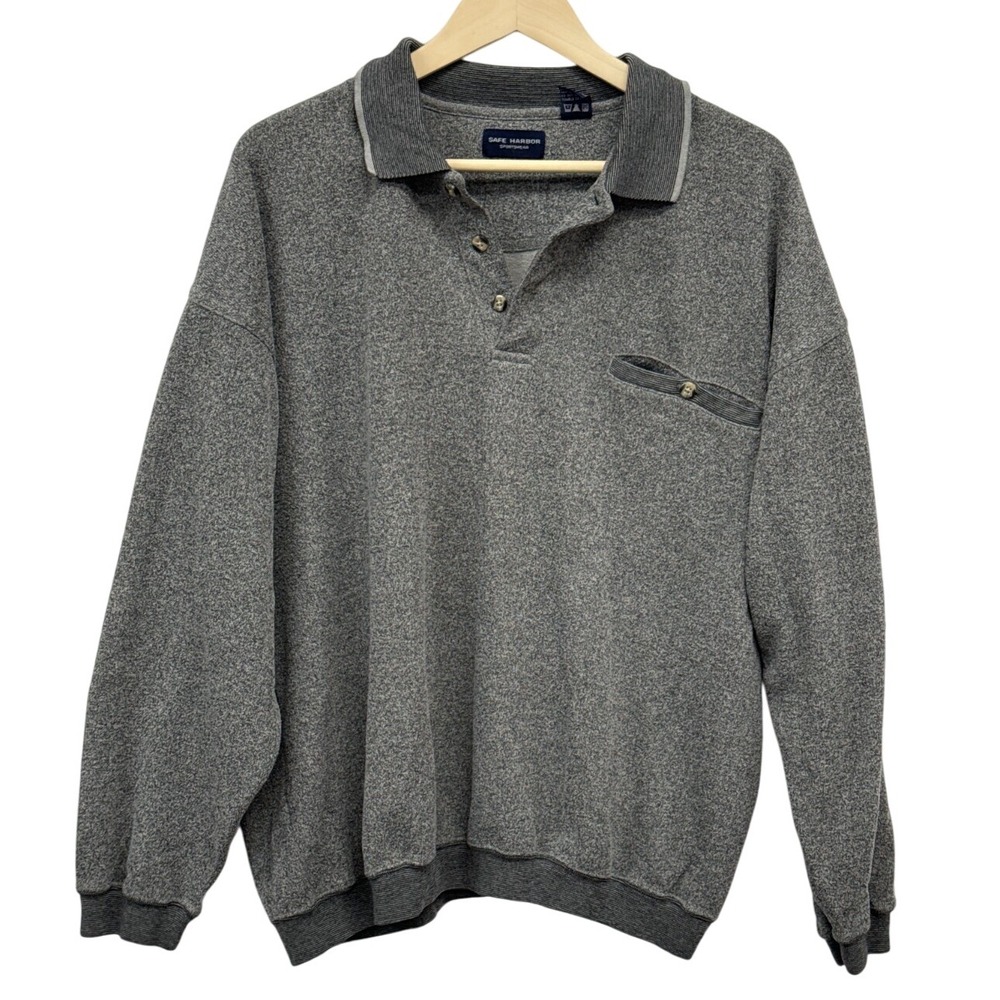 SAFE HARBOR SPORTSWEAR Men's Grey Heathered Polo Sweatshirt Long Sleeve Size XXL